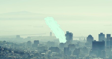 Displaying urban skyscraper cluster dominating bay view from hillside, with cargo ships and mist