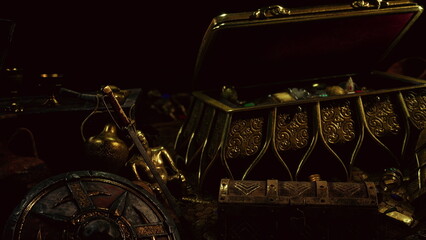 A treasure chest brims with ornate artifacts and shining gems, casting a warm light. Surrounding items hint at lost histories and adventures, creating an air of mystery and wonder. © icetray