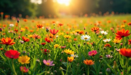 Fototapeta premium Vibrant summer meadow bursting with wildflowers and sun drenched dew A close up, macro view of a vibrant summer meadow. A variety of colorful wildflowers are in full bloom, with delicate dew drops