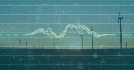 Displaying row of wind turbines showing data overlay at dusk, with chart, grid lines and icons