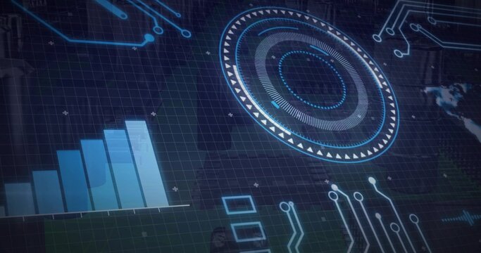 Projecting HUD interface on control panel, with bar chart, circular gauge, circuit-trace graphics