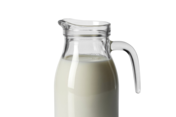 A clear glass pitcher filled with fresh white milk, featuring a handle and spout, isolated against a solid transparent background. background removed