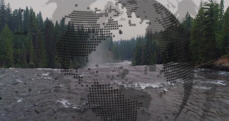 River rapids flowing in canyon of evergreens and rocky banks with globe overlay, distant waterfall