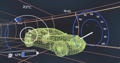 Displaying dashboard showing green wireframe car model in tunnel with speedometer and 114 km range