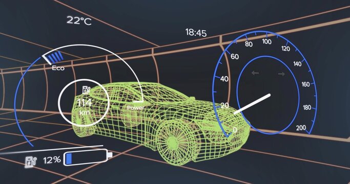 Displaying dashboard showing green wireframe car model in tunnel with speedometer and 114 km range