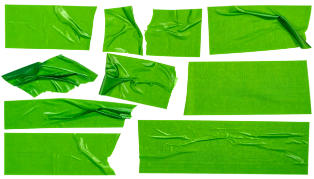 Collection of torn, crumpled, and overlapping green tape pieces against a black background