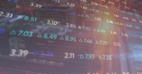 Floating market data overlay across blurred city skyline at dusk, with ticker values and triangles