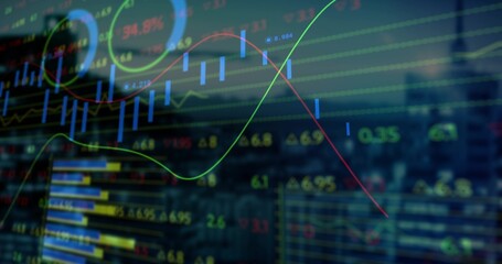 Data screen floating over city skyline in office, with market charts numeric metrics and grid lines