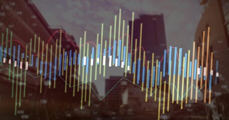 Overlaying colorful bar charts and wavy line graphs on urban street, with high-rise facades