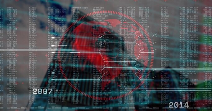 Red globe with target reticle hovering in data interface, with code columns and timeline markers