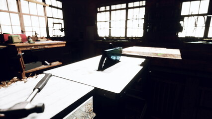 Woodworking tools and materials rest on a workbench in a dimly lit workshop. Sunlight filters through dusty windows, illuminating shavings scattered on the floor.