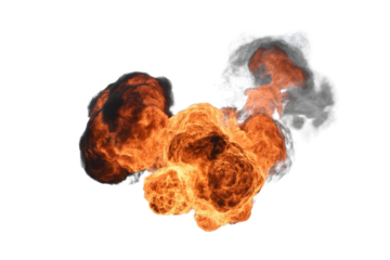 A dynamic, fiery explosion bursts with intense orange and red flames, accompanied by dark and grey smoke, ideal for visual effects and compositing. background removed