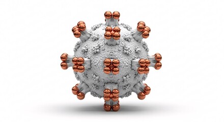 Coronavirus with rose gold spike proteins - White virus structure medical illustration - COVID-19 pathogen virology concept with metallic receptor binding domains