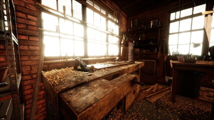 Sunlight streams through large windows, illuminating a rustic workshop cluttered with wooden shavings and tools. A workbench displays signs of recent craftsmanship.