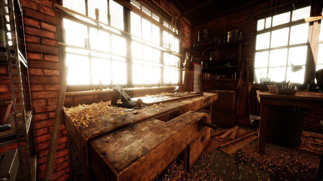 Sunlight streams through large windows, illuminating a rustic workshop cluttered with wooden shavings and tools. A workbench displays signs of recent craftsmanship.