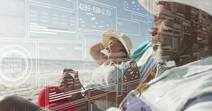 Relaxing couple wearing straw hat reclining on beach chairs, viewing AR overlays on smartphones - Powered by Adobe