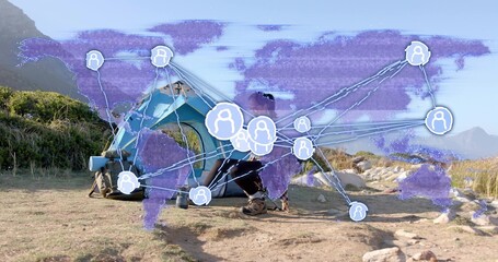 Kneeling hiker adjusting backpack at mountain clearing, with tent and map overlay with user icons