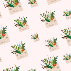 Seamless botanical floral pattern with envelope and spring bouquet on pastel light background, cute minimalist vector illustration