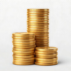 Three stacks of shiny golden coins on a plain white background representing wealth and prosperity