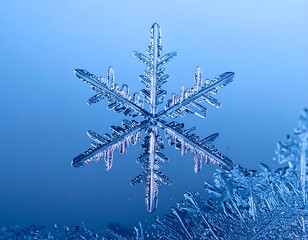 A single snowflake resting on frosted glass, captured in macro detail. Cool blue tones emphasize winter purity and delicate natural beauty