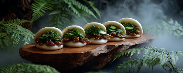 Fototapeta premium Delicious Gourmet Asian Bao Buns with Greens and Cucumber on a Wooden Platter