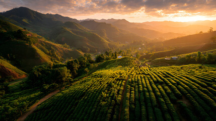 Fototapeta premium Golden sunrise over lush green tea plantations in mountain valley symbolizing International Tea Day, sustainable agriculture, and natural beauty of tea growing regions 