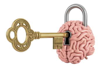 A vintage golden key unlocks a padlock on a human brain, symbolizing knowledge, problem-solving, or mental freedom. background removed