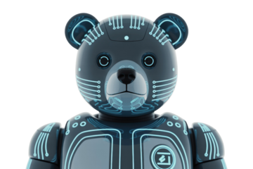 A futuristic, dark gray robotic bear character with glowing blue circuit patterns, representing AI and technology, isolated on a transparent background. background removed