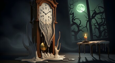 A Surreal Nightscape with a Dripping Clock and Haunted Moonlight Ambience