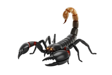 A striking 3D rendered black scorpion with glowing orange eyes, red accents, and a prominent beige stinger against a transparent background. background removed
