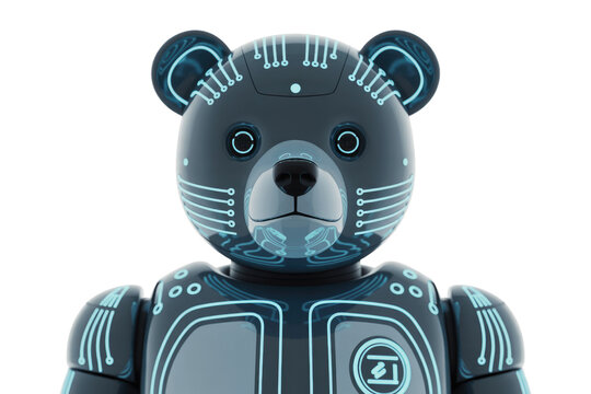 A futuristic, dark gray robotic bear character with glowing blue circuit patterns, representing AI and technology, isolated on a transparent background. background removed