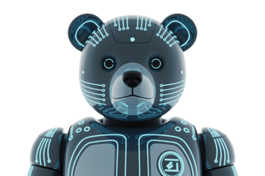 A futuristic, dark gray robotic bear character with glowing blue circuit patterns, representing AI and technology, isolated on a transparent background. background removed