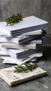Stacked envelopes with fresh herbs on a marble surface create a unique backdrop for a creative project or letter writing