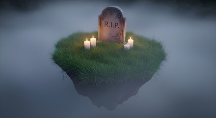 Mysterious Floating Grave with RIP Tombstone and Candles in Foggy Atmosphere