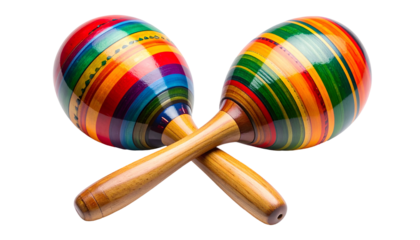 Two crossed, vividly striped maracas with wooden handles, set against a black background