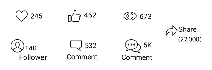 Social Media Engagement Icons Set: Like, Follower, View