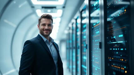 A confident businessman is seen in a modern data center environment - Powered by Adobe