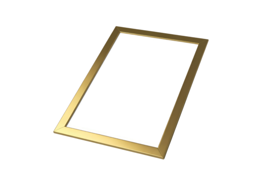 A sleek, modern gold picture frame with a white inner space, presented at an angle on a solid transparent background. Perfect for mockups. background removed