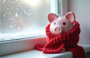 Piggy bank in warm red scarf sits on snowy windowsill. Concept for saving money on heating bills. Home thermal insulation, energy efficiency helps reduce costs during cold winter, financial crisis.