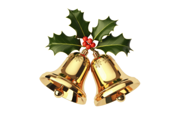 Two festive golden Christmas bells adorned with classic green holly leaves and bright red berries, against a dark transparent background. background removed
