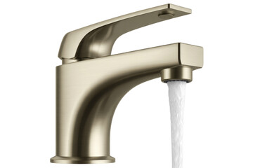 Modern brushed bronze bathroom faucet with a single lever handle and running water, showcasing sleek design and a rich metallic finish. background removed