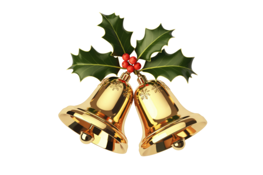 Two festive golden Christmas bells adorned with classic green holly leaves and bright red berries, against a dark transparent background. background removed