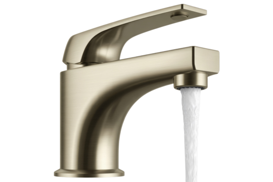 Modern brushed bronze bathroom faucet with a single lever handle and running water, showcasing sleek design and a rich metallic finish. background removed