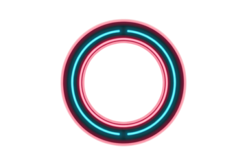 A vibrant neon circle frame featuring glowing pink and blue concentric rings, ideal for futuristic or retro design aesthetics. background removed