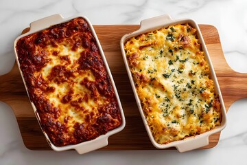 Two distinct lasagna styles are displayed on a wooden surface