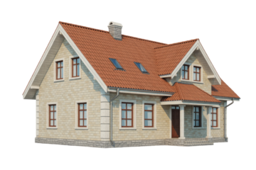 A charming light brick house with a distinctive red tile roof, numerous brown-framed windows, skylights, and a welcoming front porch. Rendered isolated. background removed