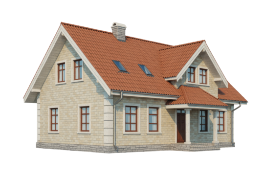 A charming light brick house with a distinctive red tile roof, numerous brown-framed windows, skylights, and a welcoming front porch. Rendered isolated. background removed