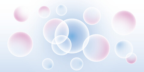 Floating iridescent pastel pink and blue bubbles with soft glow.