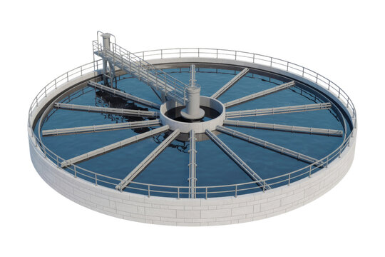 A 3D render of a circular water treatment plant clarifier, featuring a central drive and radial scraper arms for sedimentation. background removed