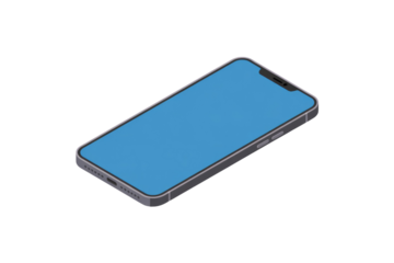 Isometric smartphone with blue screen on a transparent background. Modern mobile device in a minimalist, angled flat design. background removed